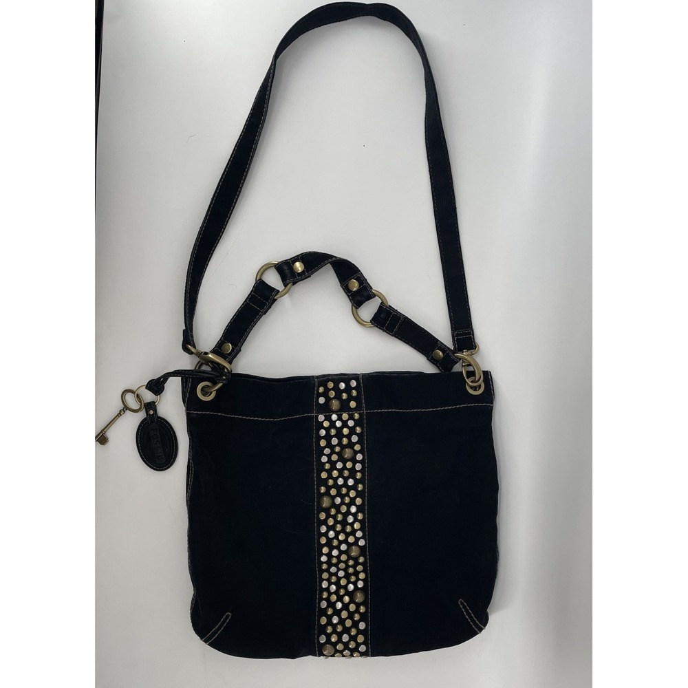 Fossil Genuine‎ Suede Black Studded Purse Crossbody Shoulder 2 Way Bag Western